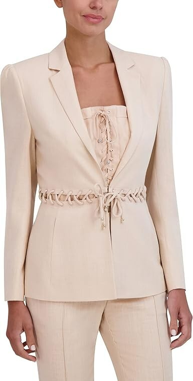 BCBGMAXAZRIA Linen Blend Lace Up Blazer Women's S Sand Long Sleeve Tie Closure - Picture 1 of 14