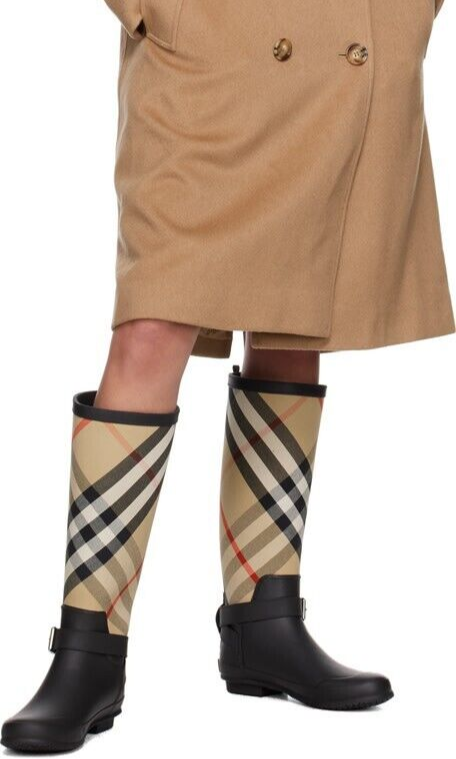 Pre-owned Burberry Simeon Black Rubber Beige Check Logo Knee High Rain Boots Us 10 Eu 40