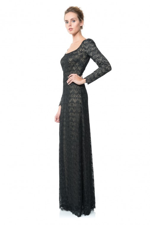 Pre-owned Tadashi Shoji Black Scalloped Crochet Lace Long Sleeve Dress Gown