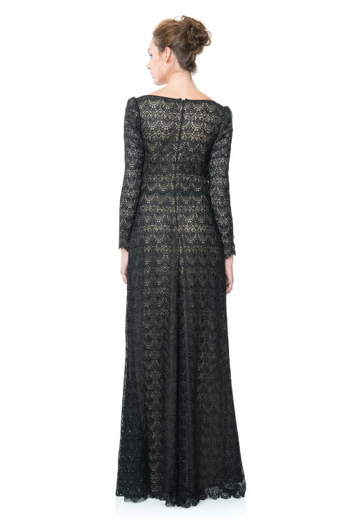 Pre-owned Tadashi Shoji Black Scalloped Crochet Lace Long Sleeve Dress Gown