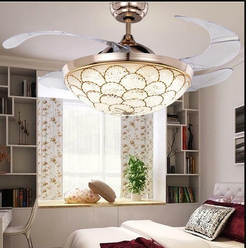 Details About 42 Led Elegant Ceiling Fan Light Crystal Gold Chandelier Remote Invisible Blade