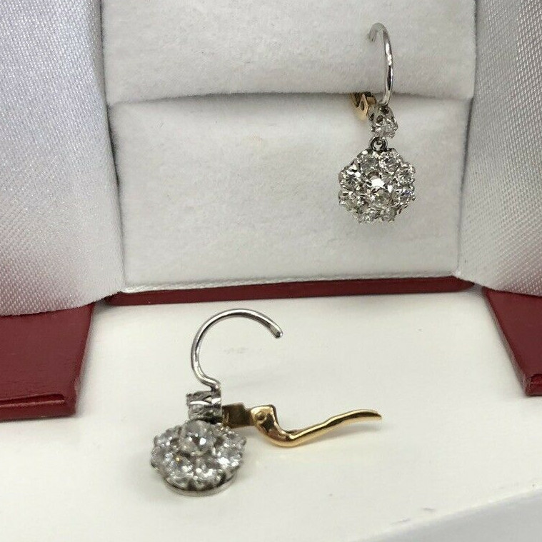 Rare PT Antique Art Deco Edwardian Diamond Cluster Drop Earrings TCW 1.90ct WOW
