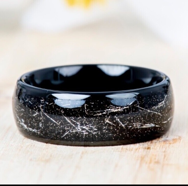 Black Domed Tungsten Ring Imitation Meteorite Inlay Mens Black Wedding Band