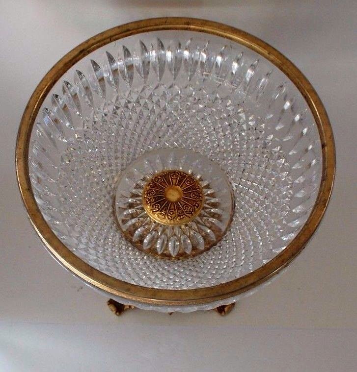 beautiful large vintage crystal and metal gold color centerpiece bowl
