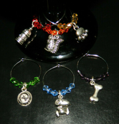 Wine Glass Charms: Set of 6 Crystal Silver Dog Best Friend Drink Markers