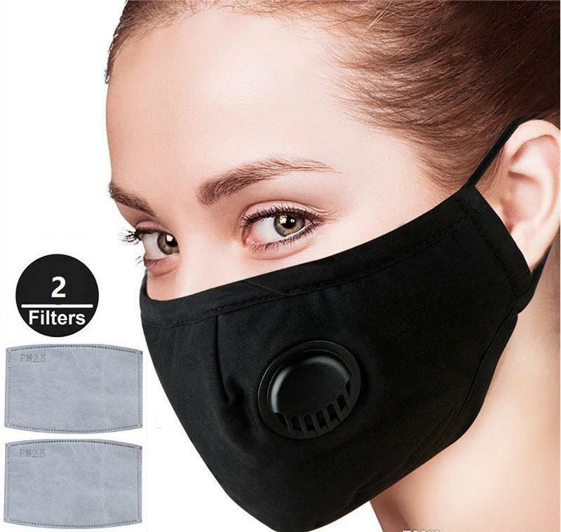 2 Reusable Washable Cotton Cloth Face Mask with Valve / Pocket + 4 PM2.5 Filters