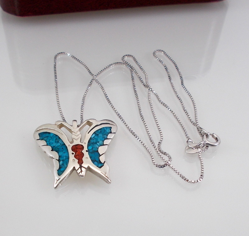 Sterling Silver Crushed Turquoise & Coral Inlaid Butterfly Pendant 17.5