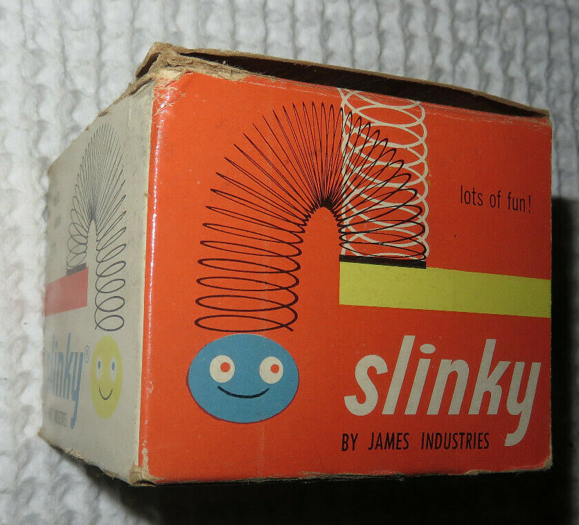 Vintage 1950's Original Slinky Toy Walking Spring Gray James Industries Box