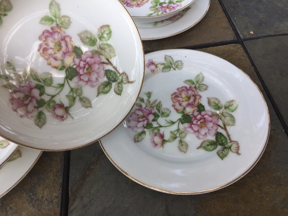 Antique FUJI CHINA MINUET Floral 4 Dessert Bowl + 4 Sandwich Plate SET OF 8 ??J8