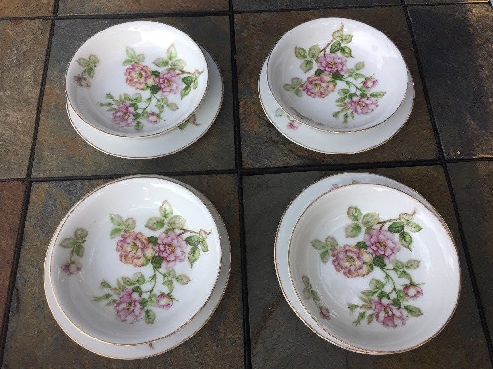 Antique FUJI CHINA MINUET Floral 4 Dessert Bowl + 4 Sandwich Plate SET OF 8 ??J8