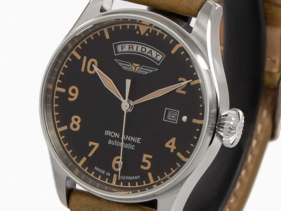 Pre-owned Annie Iron  Cockpit Automatic Watch, Black, 42 Mm, Leather, Day And Date, 5164-2