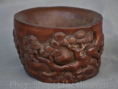 4'' Rare Old Chinese Bamboo Root Hand Carving Pine Tree Container Vessel