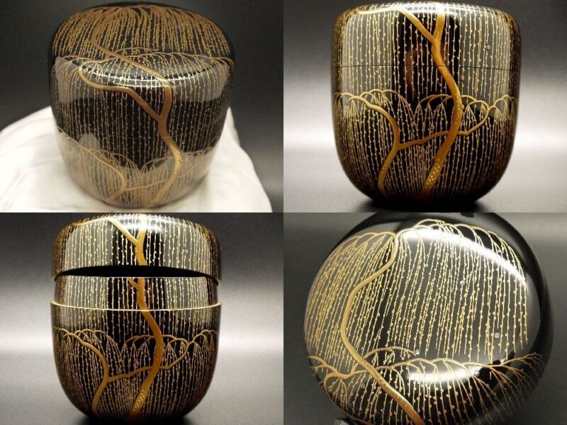 Japan WAJIMA-nuri Lacquer Wooden Tea caddy Stunning WILLOW makie Natsume (424)