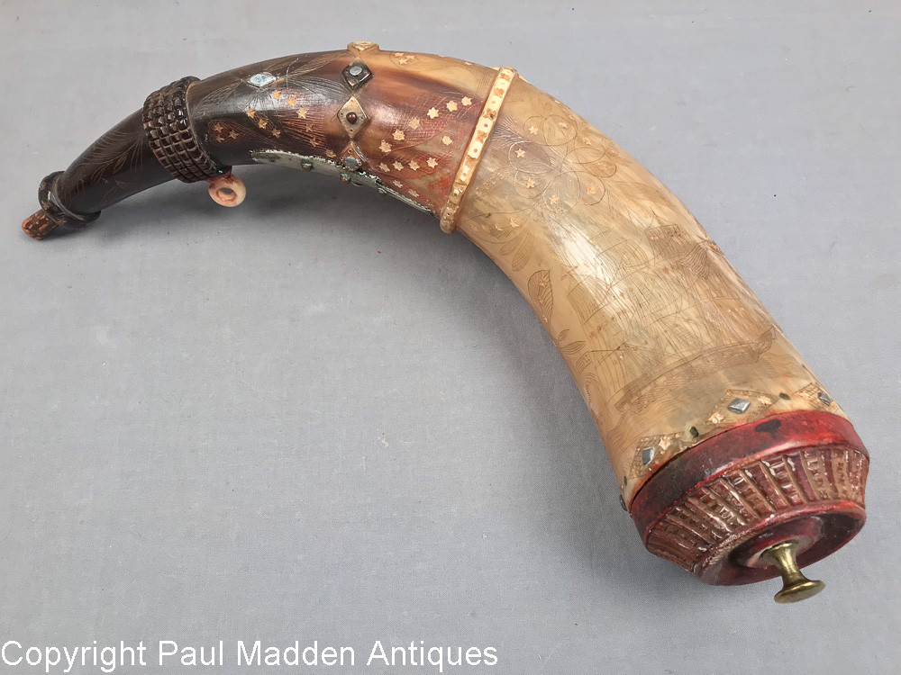 Antique 19th C. American Scrimshaw Powder Horn