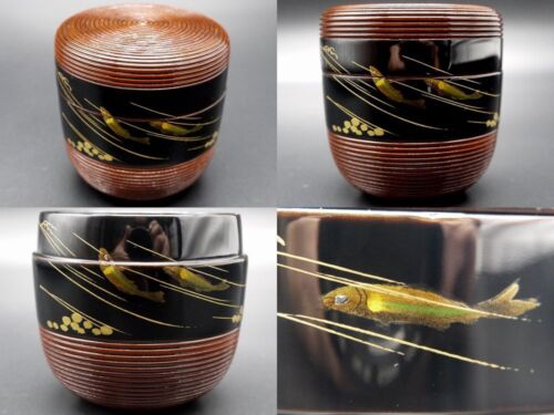 Japanese Traditional Lacquer Wooden Tea caddy SweetFish makie Chu-Natsume (916)