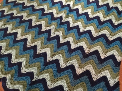 Vintage 70's Large Hand Crocheted Chevron ZigZag Afghan Blanket Throw Blue 82x75