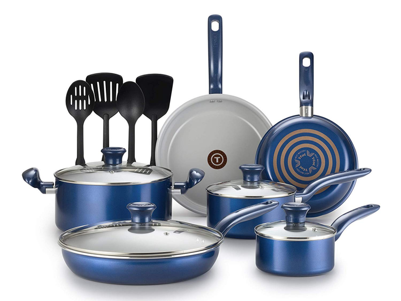 T-fal 14 Piece Initiatives Ceramic Thermo-Spot Heat Indicator Cookware Set Blue