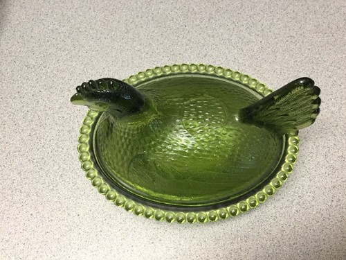 Vintage Indiana Hen On Nest Green Glass Covered Dish 7 in Long 5 1/2 in Hig
