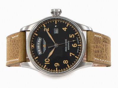 Pre-owned Annie Iron  Cockpit Automatic Watch, Black, 42 Mm, Leather, Day And Date, 5164-2