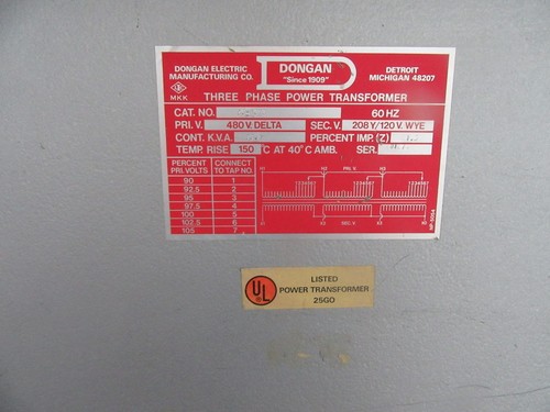 Dongan 63-6375 Transformer 75KVA 480 208Y/120V TESTED