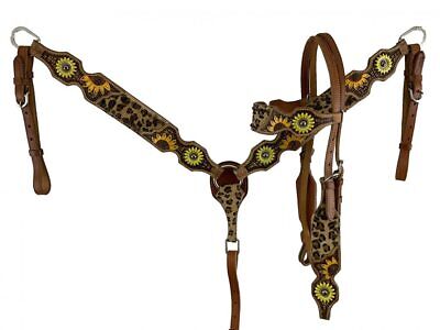 Showman Leather Headstall & Breast Collar Set w/ Cheetah Print & Sunflowers