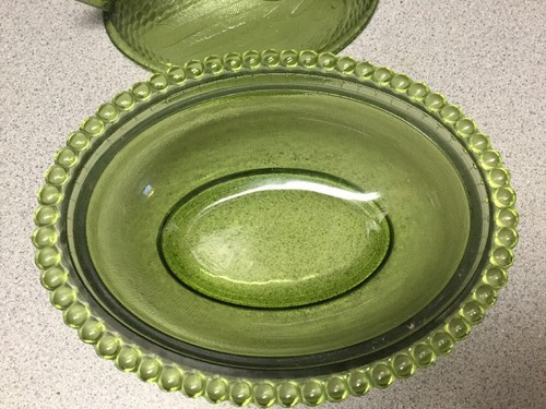 Vintage Indiana Hen On Nest Green Glass Covered Dish 7 in Long 5 1/2 in Hig