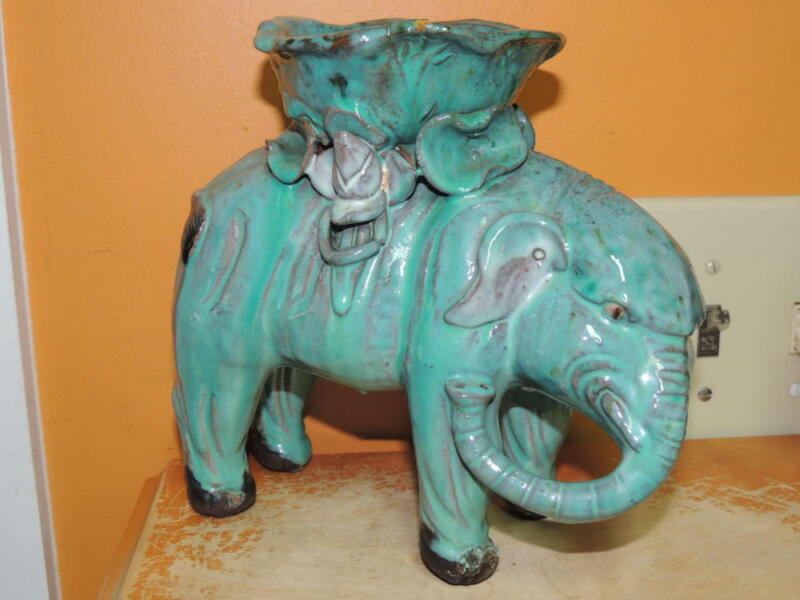 Antique Elephant 7.5"x7" Stoneware Ceramic Brown & Green Polychrome Glaze Mudman