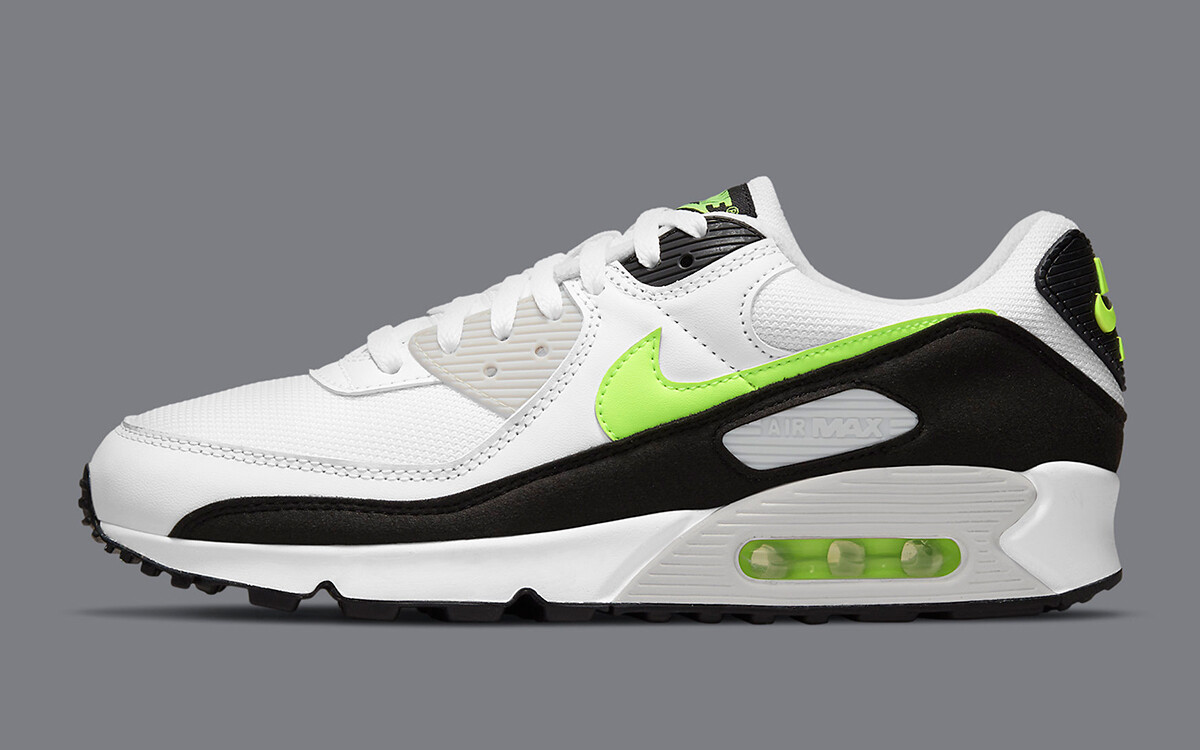 

Мужские кроссовки Nike Air Max 90 Hot Lime Volt White Grey Black CZ1846-100 sz 7 в стиле ретро, Белый, Nike Air Max 90