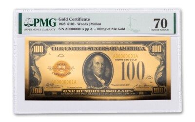 1928 $100 Woods/Mellon 100mg 24K Gold Certificate Commemorative PMG 70