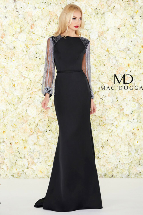 НОВЫЙ MAC DUGGAL 20116D Черное, серебряное платье с цепочкой из бисера и бахромой на рукавах, платье-труба 6