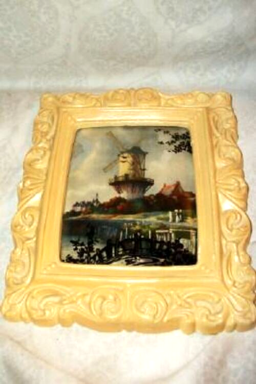 1920s DUTCH WINDMILL SILHOUETTE CONVEX GLASS REVERSE PAINTED ORNATE PLASTER