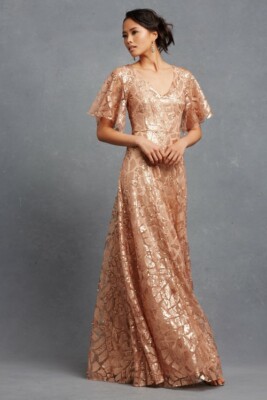 $330 DONNA MORGAN 'Camilla' Sequin Flutter Sleeve Gown OYSTER WEDDING FORMAL 6