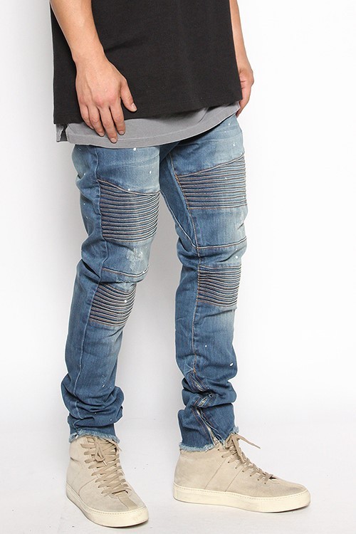 【HI FI FNK】Mono Biker Washed Denim Men's Stretch Washed Denim Biker Jeans Distressed Moto Jeans