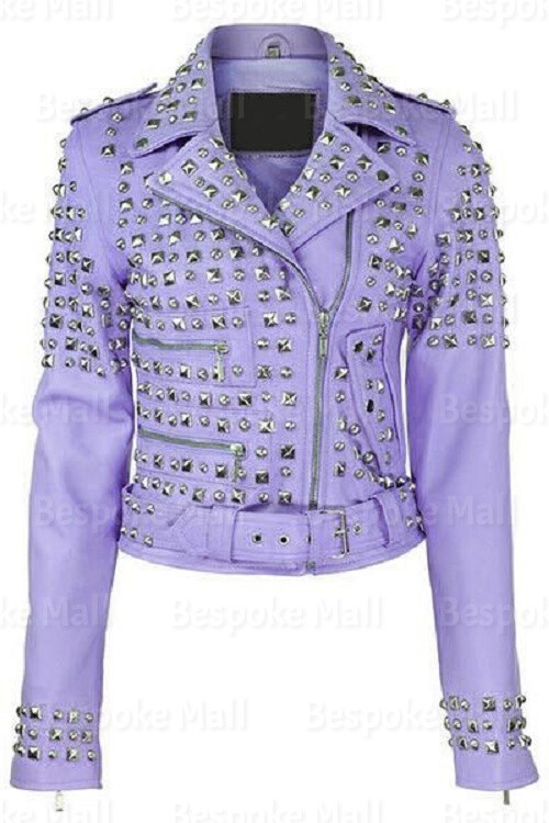 Pre-owned Handmade Women's  Sliver Studded Punk Style Black Biker Leather Jacket-811 In Purple