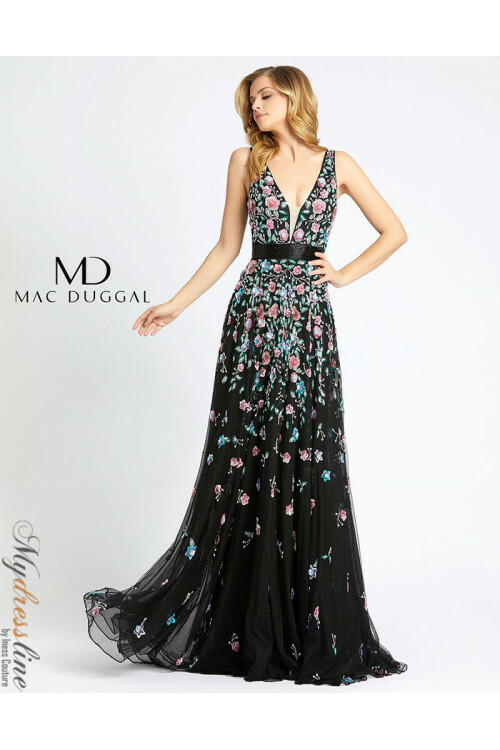 

MAC DUGGAL 4983M Черное платье без рукавов с 3D пайетками и цветочной аппликацией с v-образным вырезом  США, Multicolor, 4983