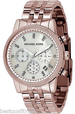 Pre-owned Michael Kors Rose Gold Tone S/steel+mop Chrono Dial+crystals,date Watch Mk5026 In Silver