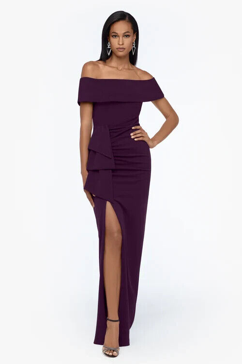 Xscape Camila Long Off the Shoulder Scuba Crepe Dress Women's 10 Mulberry Zipped - Picture 1 of 15