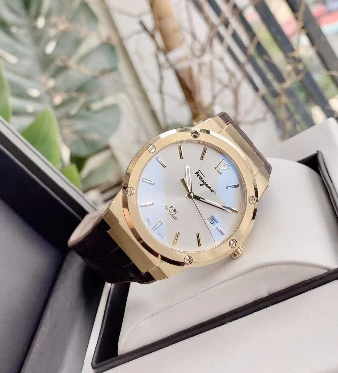 Pre-owned Ferragamo Sfdt00419 F-80 Classic Men's Quartz Watch Steel Gold/white 42mm