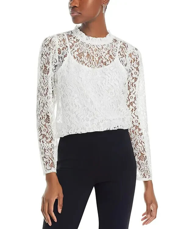 KOKO + MASON Long Sleeve Lace Top Women's S White Ruffled Button Back Closure - Picture 1 of 15