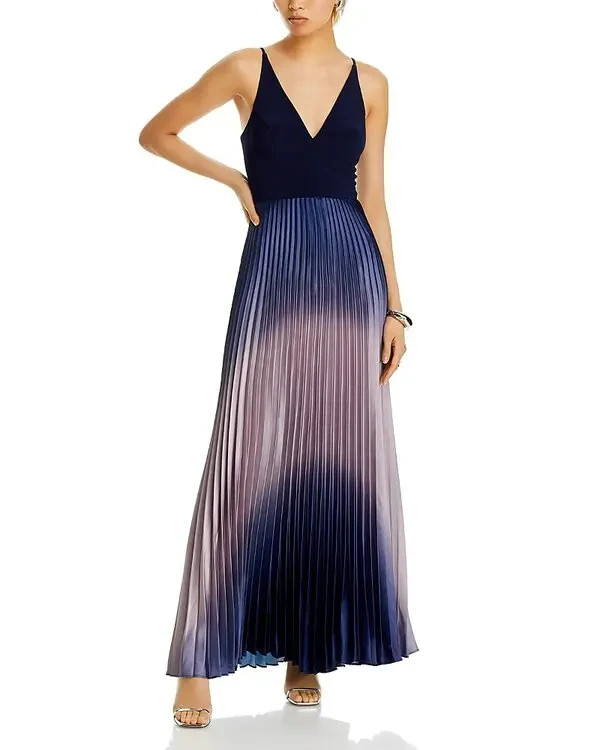 AQUA Pleated Shimmer Mixed Media Gown Women's 16 Navy/Blue V-Neck Back Zipped - Picture 1 of 15