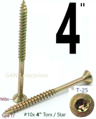 Torx 1-1/4 to 4'' Star Flat Head with nibs Yellow Zinc Type 17 Outdoor Wood Screw