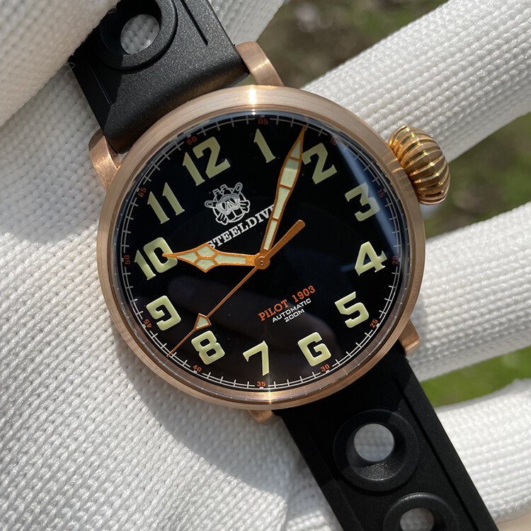 Pre-owned Steeldive 1903 Bronze Diver Watches Super Luminous Unique Crown 200m Pilot Watch