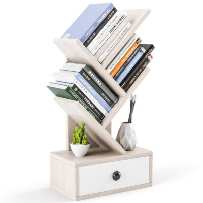 5 Tier Tree Floor Bookshelf Storage Shelves Magazine Living Room Bookcase Drawer