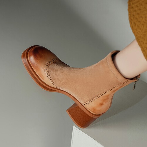 Women's Chic Leather Round Toe Block Heel Stretched Brogue