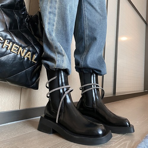 Women's Trendy Leather Square Toe Diamante Elastic Top Combat