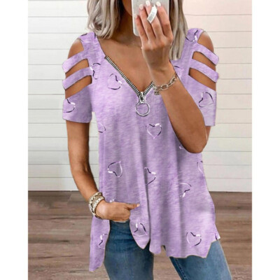 Plus Size Women Sexy Summer Zipper Cold Shoulder T-Shirt V-Neck Casual Loose Top