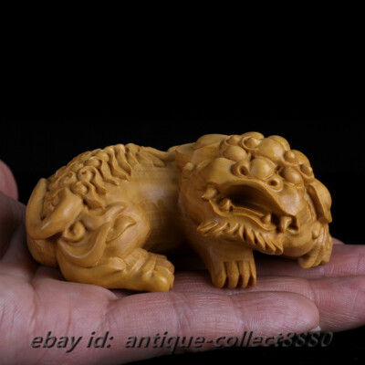 Antique Shoushan stone hand carved foo dog on display wood stand c.early 1900s