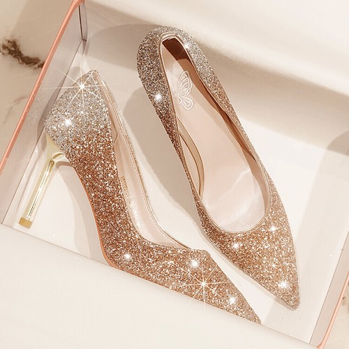 Womens 2024 Chic Pointy Toe Gold Sequin High Heel Pump Party