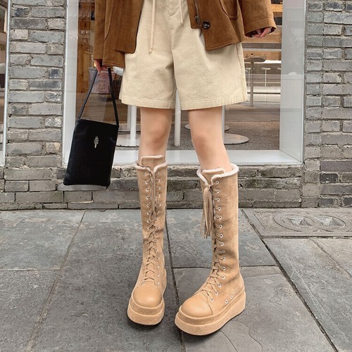 Womens 2023 Fashion Suede Fur Lining Platform Lace Up Knee