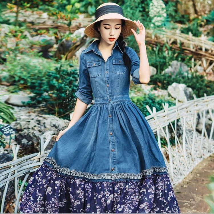 Womens Vintage Denim Floral Aline Long Sleeve Gown Casual